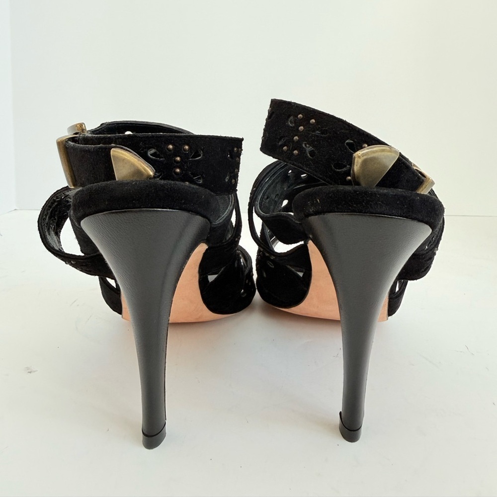 Manolo Blahnik Vintage Black Suede Laser Cut Studded Strappy Heels Sandals 37.5 - Picture 7 of 10